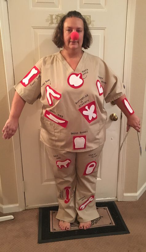 My DIY Operation Game Halloween Costume Medical Costume Ideas, Halloween Costumes Medical Office, Halloween Costume Ideas For Nurses At Work, School Nurse Halloween Costume, Nursing Halloween Decor, Costumes For Nurses At Work Halloween, Clinic Halloween Costume Ideas, Scrub Halloween Costume Ideas, Operation Costume Diy