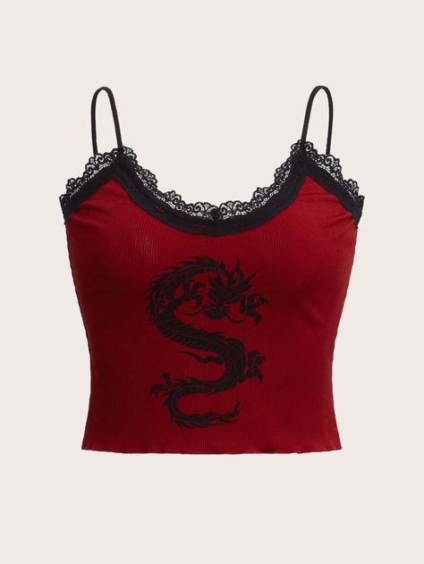 Grunge Tops, Gothic Clothes, Lace Cami Top, Dragon Print, Gothic Outfits, Lace Cami, Edgy Outfits, Women Tops, Cami Top