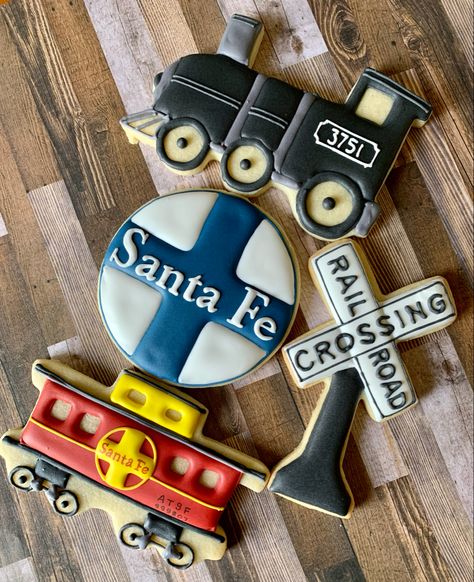 Train Royal Icing Cookies, Train Theme Cookies, Train Cookies Decorated, Retirement Cookies, Train Cookies, Car Cookies, Train Theme, Iced Sugar Cookies, Xmas Cookies