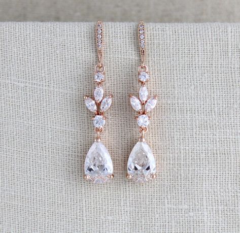 Crystal Bridal earrings, Bridal jewelry, Rose gold leaf earrings, Wedding jewelry, Bridesmaid earrings, Long dangle earrings by treasures570 on Etsy Bridal Earrings Rose Gold, Rose Gold Earrings Wedding, Rose Gold Bridal Earrings, Gold Earrings Wedding, Claddagh Ring, Crystal Bridal Earrings, Wedding Bridesmaid Jewelry, Gold Leaf Earrings, Earrings Rose Gold