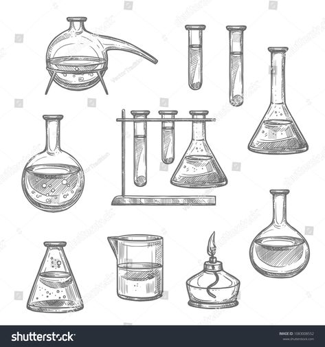 Laboratory glassware and equipment sketch set. Chemical laboratory glass flask, test tube and beaker, retort and spirit lamp isolated icon for chemical research and science experiment themes designglass#laboratory#flask#tube Science Flask Tattoo, Lab Equipment Drawing, Science Beaker Drawing, Test Tube Tattoo, Test Tube Drawing, Test Tube Art, Beaker Drawing, Flask Tattoo, Laboratory Drawing