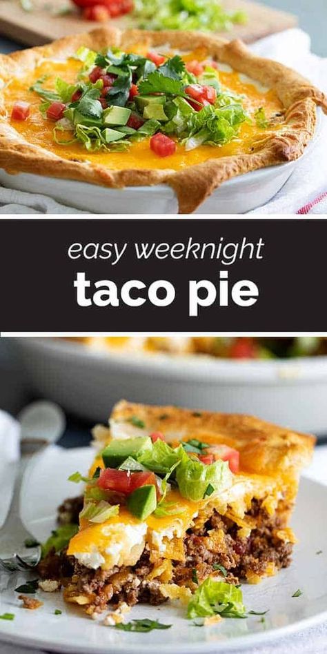 This Taco Pie is an easy taco inspired dish with a crescent roll crust and ground beef filling that is topped with crushed tortilla chips, sour cream and cheese. #recipe #taco #groundbeef #easydinner #weeknightdinner Pilsbury Crescent Taco Pie, Tortilla Pie Crust, Crescent Taco Pie, Tortilla Pie Mexican, Ground Beef And Pie Crust Recipes, Easy Taco Pie Recipe, Pillsbury Taco Pie, Frito Taco Pie With Crescent Rolls, Taco Pot Pie