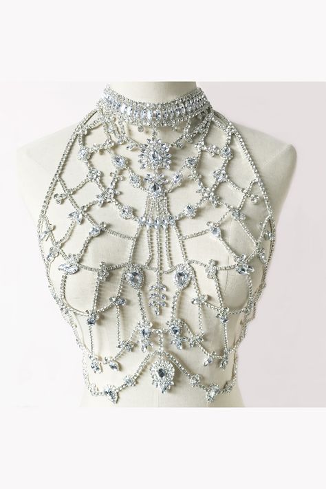 Choker+Top Costume Jewelry Material:Brass Rhinestone Chain+Crystal Size:One size Color:Silver plating Body Chain Aesthetic, Jewel Corset, Boomtown Outfit, Crystal Costume Jewelry, Corset Jewelry, Crystal Body Chain, Body Chain Fashion, Fashion Crop Tops, Crystal Costume