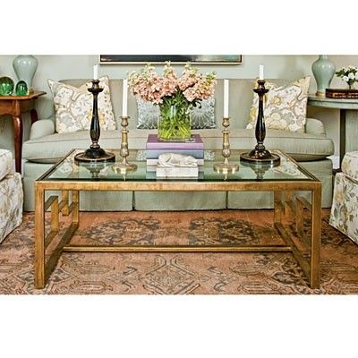 Glass Coffee Table Living Room, Glass Coffee Table Styling, Southern Living Rooms, Brass And Glass Coffee Table, Nyc Coffee Shop, Types Of Coffee Tables, Coffee Table Style, Coffee Table Vignettes, Southern Living Recipes