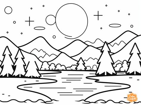 illustration of Simple river landscape coloring River Coloring Pages, River Drawing Simple, River Drawing, River Landscape, Doodle Inspiration, Coloring Sheets For Kids, River Art, Creative Painting, Colorful Landscape