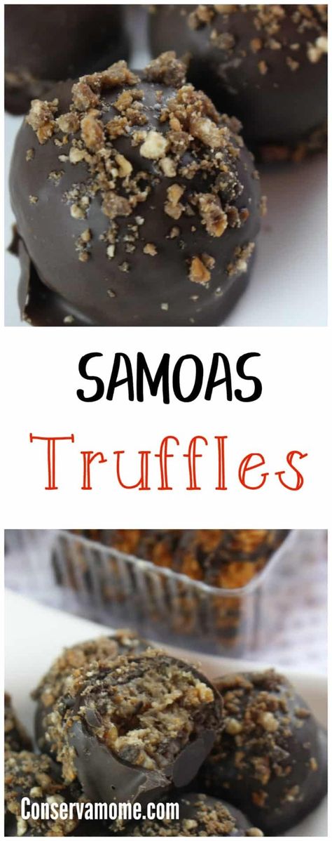 Samoas Truffles- A fun treat using Samoas Girl Scout Cookies - ConservaMom Girl Scout Cookies, Best Dessert Recipes, Girl Scout, Cookie Desserts, Samoa, Candy Recipes, Yummy Food Dessert, Chocolate Recipes, Dessert Recipes Easy