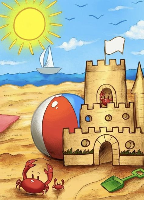 Beach Drawing For Kids, Easy Beach Drawings, Scenery For Kids, Scenery Drawing For Kids, Beach Cartoon, Kids Art Print, Art Plage, Castle Drawing, Beach Drawing