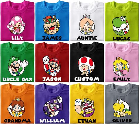 Amazon.com: Customized Super Family Shirt, Birthday Shirt, Personalized Friends Matching Tee, Shirt Kart Shirts, Yoshi Bowser Jr Daisy Rosalina Peach Koopa Waluigi Wario Toad T Shirts : Handmade Products Daisy Costume, Mario Bros Birthday Party Ideas, Toad Costume, Luigi And Daisy, Bowser Jr, Mario Shirt, Mario Bros Birthday, Super Family, Mario Birthday Party