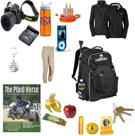 Backpack essentials for shows. Equestrian Essentials, Rider Outfit, Horse Backpack, Riding Bag, Hunter Jumper Horses, Tack Trunk, Horseback Riding Tips, Horsey Life, Equestrian Outfit