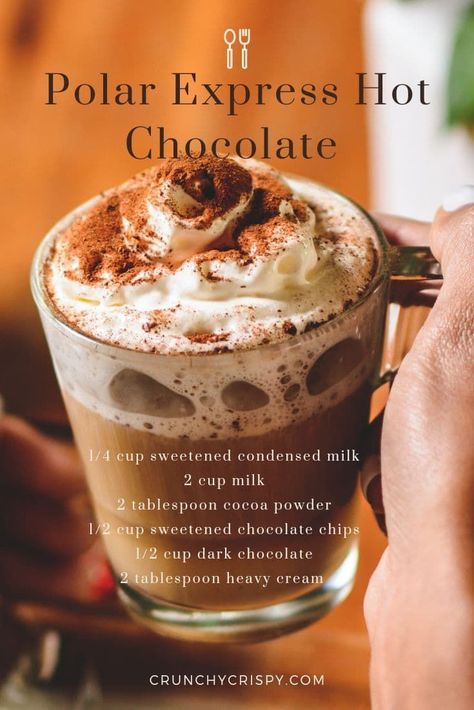 Creamy Polar express hot Chocolate Polar Express Hot Chocolate Recipe, Polar Express Hot Chocolate, Hot Drinks Recipes, Hot Cocoa Recipe, Hot Chocolate Drinks, Cocoa Recipes, Hot Chocolate Recipe, Christmas Hot Chocolate, Burn Stomach Fat