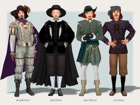 As in womenswear, early 17th century menswear styles maintained the basic features of late 16th century dress. However, come the 1610s romantic adornments and embellishments really started to explode… Sims 4 1600s Cc, 1560s Fashion, Sims 4 Tudor Cc, Sims Historical, 16th Century Dress, 1600 Fashion, Ts4 Lookbook, Cloak Outfit, 16th Century Fashion