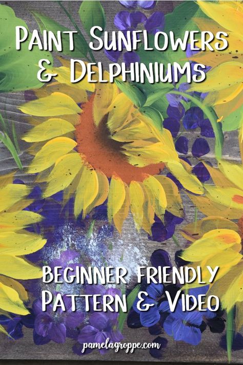 How to paint sunflowers and delphiniums beginner friendly workshop you can download and paint along with. Easy stroke by stroke lesson. Paint on barn wood, canvas for DIY art or signs. Loose and impressionistic. #diyart #decorativeart How To Paint Sunflowers, Dramatic Flowers, Paint Sunflowers, Painting Sunflowers, Rustic Painting, Painting Instructions, Delphinium Flowers, Inspiring Artists, Impressionistic Art