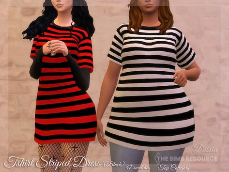 The Sims Resource - Tshirt Striped Dress (Top) (Black) Shirt With Long Sleeve Under, Oversized Clothes, School Dresses, Striped Shirt Dress, The Sims4, Striped Short, Sims 4 Cc, Maxis Match, The Sims Resource