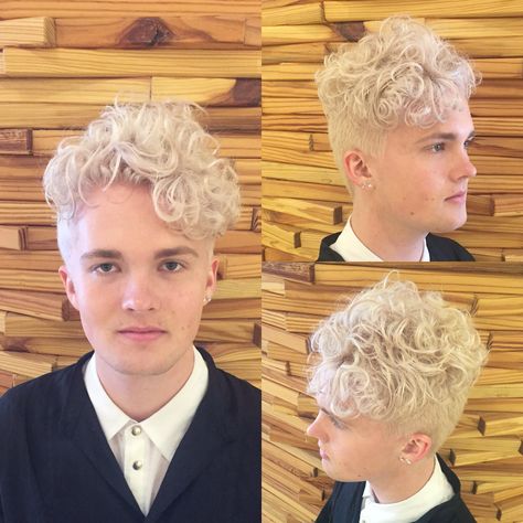 Platinum blonde men's curly undercut  by Kristen Mack at Arrow Studio Durham NC Blond Undercut, Curly Hairstyle Men, Hairstyles Platinum Blonde, Blond White Hair, Fluffy White Hair, Cute Boys Curls, Mens Curly Hairstyles, Platinum Blonde Hair Men, Curly Man