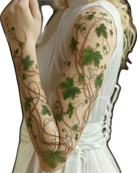 Arm Vines Tattoo, Nature Hip Tattoo, Vines Arm Tattoo, Ivy Tattoo Arm, Vine Tattoo Ideas, Rose Vine Tattoos, Ivy Tattoo, Art Inspired Tattoos, Green Tattoos