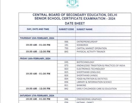 CBSE Date Sheet Released for Class 12th Board Exams 2024 School Certificates, Class 12, Nutrition And Dietetics, Board Exam, Capital Market, Biotechnology, Nutrition Recipes, Physical Activities, Early Childhood