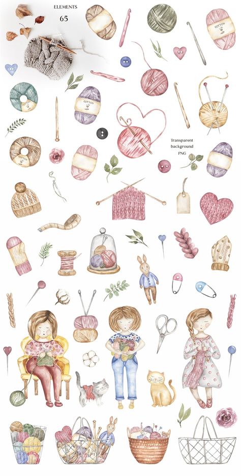 Watercolor Knitting, Educational Illustration, Watercolor Collection, Kids Graphics, Flower Art Images, Cute Clipart, Kids Clipart, Watercolor Illustrations, Sewing Art