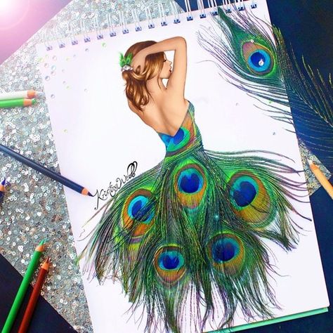 Fab Ideas on Beautiful Creative Fashion Sketches | www.FabArtDIY.com LIKE Us on Facebook ==> https://www.facebook.com/FabArtDIY Kristina Webb Art, Ako Kresliť, Kristina Webb, Drawing Hands, Drawing Hair, Peacock Dress, Charcoal Drawings, Sketches Dresses, Art Et Illustration