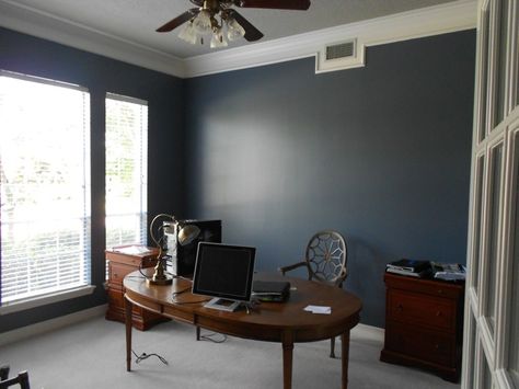 sherwin williams granite peak great color for dining room? Mens Home Office Paint Colors, Sw Granite Peak, Sherwin Williams Granite Peak, Granite Peak Sherwin Williams, Sherwin Williams Storm Cloud, Masculine Office, Office Wall Colors, Office Paint Colors, Black Rooms