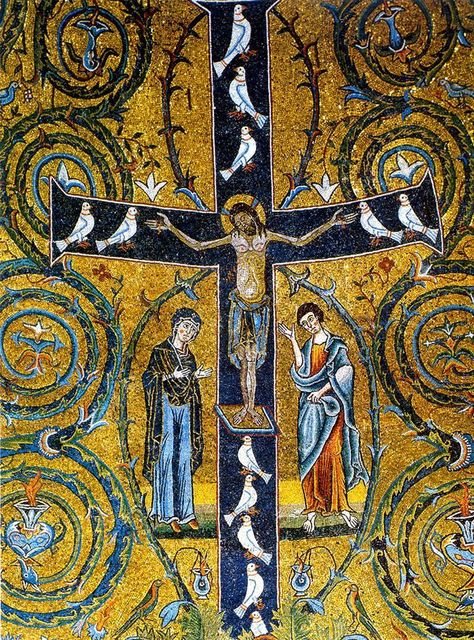 Tree of Life cross from the ancient Basilica of St. Clemente, Rome. - Feast of the Exaltation of the Holy Cross – 14 September, also called Feast of the Triumph of the Cross and Holy Cross Feast. Byzantine Mosaic, Art Sacre, Stations Of The Cross, Byzantine Art, Holy Cross, Religious Icons, Art Antique, Orthodox Icons, Sacred Art