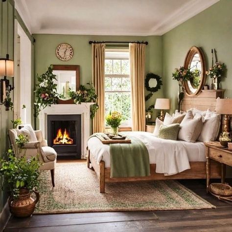 Green Bedroom With Fireplace, Organic Vintage Bedroom, Bedroom With Corner Fireplace, Cottage Inside Interiors, Green Cottage Bedroom Ideas, Autumn Home Interior, Cottage Bedroom Green, Vintage Green Bedroom Ideas, Green Cottage Interior