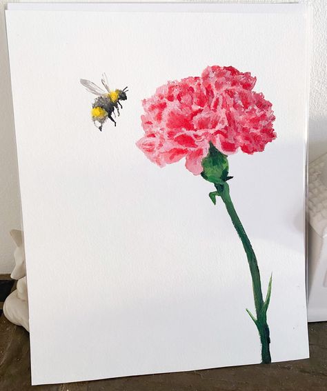 Pink Carnations, Bumble Bee, Bee, Paintings, Vase, Flowers, Pink