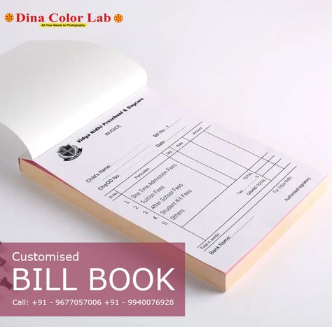 Get your Business Bill Book Printed in different sizes and colour in both landscape and portrait format.High paper quality Bill Book with outstanding prints. http://www.dinacolorlab.com/ Call: +91 - 9677057006 +91 - 9940076928 #billbook #billbookprinting #printing #printingservices #printingbook Bill Format, Bill Book, Baby Lips Maybelline, Book Printing, Stationary Organization, Physiotherapy Clinic, Graphic Design Business Card, Boutique Ideas, Baby Lips