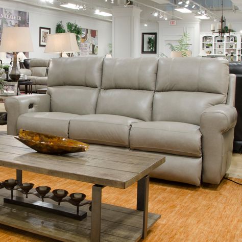 Hartsfield Torretta Leather Power Lay Flat Reclining Sofa in Putty | Nebraska Furniture Mart Power Reclining Sofa, Seat Design, Power Button, Gray Sofa, Reclining Sectional, Power Recliners, Nebraska Furniture Mart, Reclining Sofa, Top Grain Leather