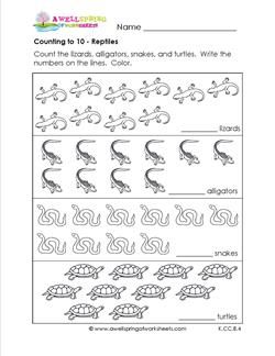 Counting to 10 got you down? These reptiles will make you wiggle and squirm with delight! Count and color the lizards, alligators, snakes and turtles. Reptiles Worksheets For Preschool, Reptile Worksheets, Reptiles Worksheet, Reptiles Kindergarten, Kindergarten Counting Worksheets, Reptiles Activities, Kindergarten Counting, Counting Worksheets For Kindergarten, Animal Classification