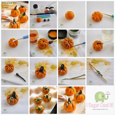 Quick & Easy Mini Pumpkin Topper Tutorial {Halloween} | I Sugar Coat It! Halloween Torte, Pumpkin Topper, Pumpkin Tutorial, Polymer Clay Halloween, Halloween Cake Topper, Halloween Clay, Fondant Cupcake Toppers, Fondant Animals, Halloween Miniatures