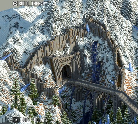 Dwarven Base Minecraft, Minecraft Mountain Castle Blueprints, Minecraft Valley Base, Minecraft Building Ideas Mountain House, Extreme Minecraft Builds, Minecraft Mountain Entrance Ideas, Mountain Build Minecraft, Minecraft Mountain Waterfall, Minecraft Mountain Building Ideas