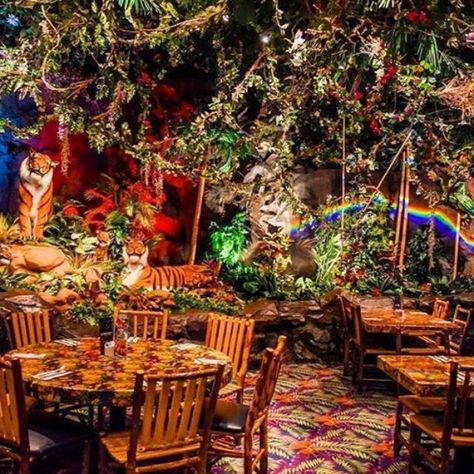 Rainforest Cafe Aesthetic, Zoo Restaurant, Fantasy Cafe, Jungle Cafe, Animal Kingdom Restaurants, Forest Restaurant, Tropical Disco, Cafe Plants, Mexican Bar