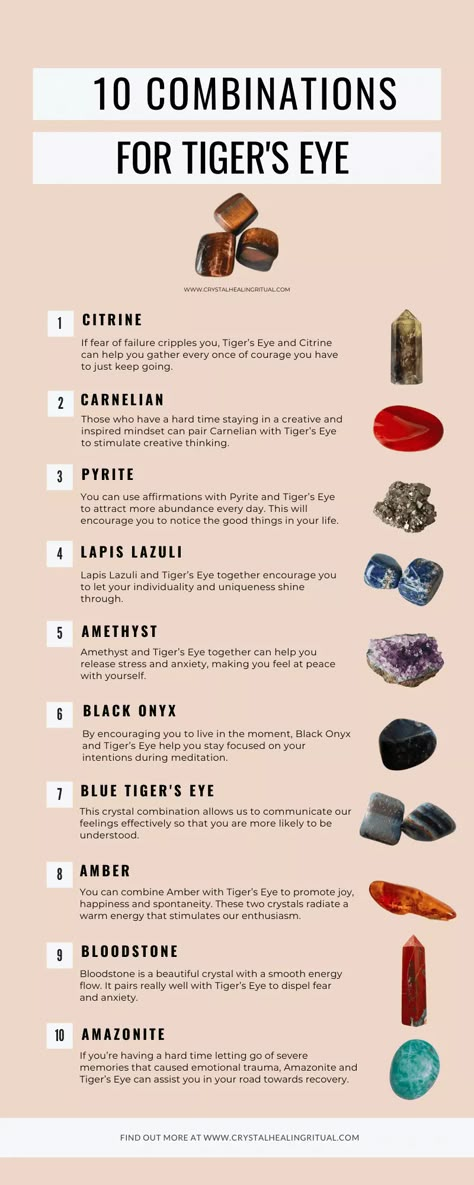 Crystal Combinations, Best Healing Crystals, Gemstones Chart, Crystal Healing Chart, Tiger Eye Crystal, Crystals Healing Properties, Spiritual Crystals, Crystal Healing Stones, Power Crystals