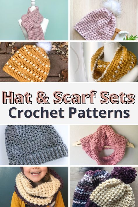 collage image with different matching crochet hat and scarf sets with text overlay reading " hat and scarf sets crochet patterns" Crochet Scarf And Hat, Crochet Hat And Scarf, Aran Hat, Crochet Sets, Matching Crochet, Hats Pattern, Crochet Scarf Easy, Crochet 101, Beanie Hat Pattern