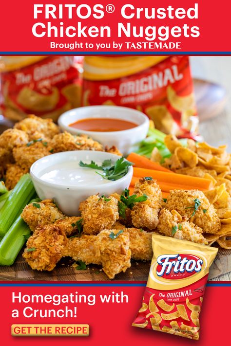 Tender and juicy chicken nuggets crusted in crispy FRITOS® Corn Chips are a delicious game-day appetizer the whole family will love! Serve them with carrots, celery, Ranch dressing and Buffalo Sauce for dipping, and ENJOY! Sponsored By FRITOS® #LetsFritos #tailgaterecipes #appetizerrecipe #chickennuggets #homemade #Fritos chicken Fritos Chicken, Homemade Fritos, Frito Chicken, Fritos Corn Chips, Carrots Celery, Game Day Appetizers, Tailgate Food, Crusted Chicken, Corn Chips