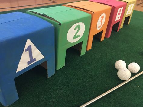 Number, Color and Shape Golf Putting Green Golf Carnival Game, Mini Golf Holes Diy, Mini Golf Decorations, Diy Golf Game, Golf Activities For Preschool, Golf Themed Games, Diy Mini Golf Course Ideas, Diy Mini Golf, Mini Golf Party