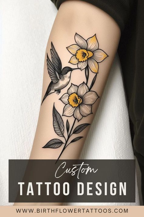 Minimalist Daffodil Flower and Hummingbird Tattoo - Elegant March Birth Flower Design Daphidill Tattoo, Daffodil And Carnation Tattoo, Daffodil Doodle, Minimalist Daffodil, Daffodil Tattoo Ideas, Daffodils Tattoo, May Flower Tattoo, Primrose Tattoo, March Birth Flower Tattoo