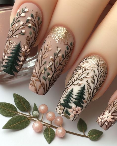 Forest Theme Nails, Difficult Nail Art, Forest Nail Art, Nail Ideas For Autumn, Nature Nail Art, Camping Nails, Wildflower Nails, Forest Nails, Fall Nail Art Ideas