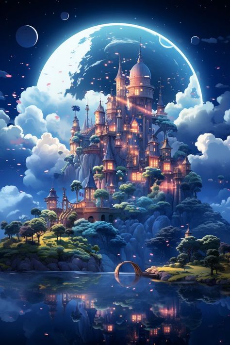 Fantasy Floating City Concept Art, Dreamy Artwork Imagination, Fairy Kingdom Fantasy Art, Magical Landscape Art, Dream Illustration Imagination, Fantasy Illustration Art Imagination, Dream Illustration Surrealism Artworks, Dream Art Surrealism Fantasy Imagination, Fantasy World Art Dreams