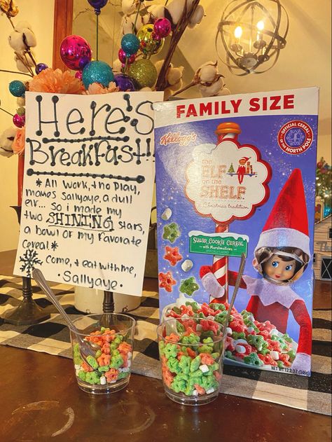 #elfontheshelf #funny Elf Cereal Ideas, Elf On The Shelf Cereal Ideas, Elf Cereal, Elf On The Shelf Cereal, Cookie With Marshmallow, Cereal Ideas, Funny Breakfast, Eating Cereal, Cereal Cookies