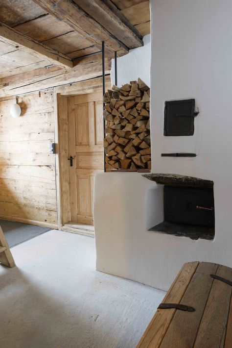 Entry, Mountain, Chalet, Specksteinofen, Concrete, Strickbau Diy Sauna, Alpine House, Concrete Staircase, Classic Fireplace, Alpine Chalet, Chalet Interior, Swiss Chalet, Wooden Floorboards, Timber Walls