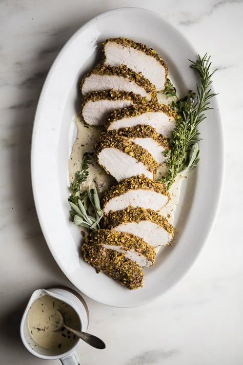 Pistachio Crusted Pork Tenderloin with White Wine… | The Modern Proper Crusted Pork Tenderloin, Dijon Sauce, The Modern Proper, Modern Proper, Holiday Dinner Party, Falafels, Dinner Recipe Ideas, Pork Tenderloin Recipes, Flank Steak