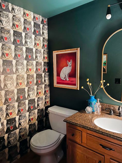 Moody Powder Room, Gucci Wallpaper, Tiger Wallpaper, Meant To Be Together, Thrift Finds, Bathroom Wallpaper, Salon Design, Design Help, Flea Market