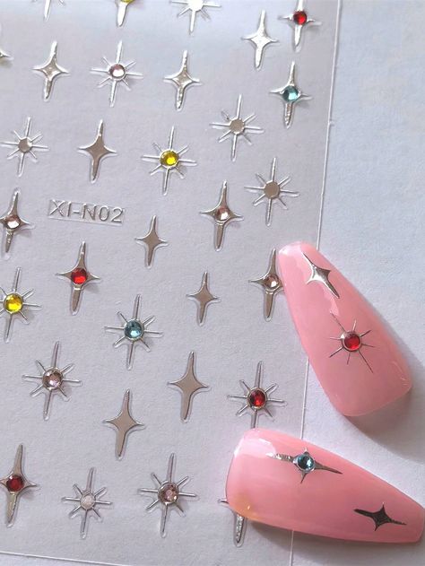 1pc 5D Nail Art Stickers Luxury Ranbom Mix Shape Silver Stars Colourful Diamond Nail Decoration Decals Nail Accessories DIYI discovered amazing products on SHEIN.com, come check them out! 5d Nail Art, Nail Salon Supplies, Metallic Nail Art, Gel French Manicure, Soak Off Gel Nails, Gel Nail Extensions, Nail Art Stickers Decals, Y2k Nails, Art Decor Diy