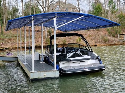 SlipSki Boat Garage, Boat Dock Covers & Protection Made To Last Boat Lift Dock, Floating Dock Plans, Diy Dock, Pontoon Dock, Lake Landscaping, Boat Garage, Pedal Boat, House Awnings, Lake Dock