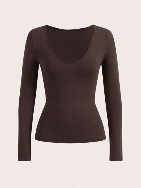 Solid V Neck Tee Coffee Brown Casual  Long Sleeve Knitted Fabric Plain  Medium Stretch  Women Clothing, size features are:Bust: ,Length: ,Sleeve Length: Brown Long Sleeve Outfit, Shein Basics, Layered T Shirt, Brown Long Sleeve, Brown Shirt, Color Marron, Coffee Brown, Slim Fit Shorts, Women Long Dresses