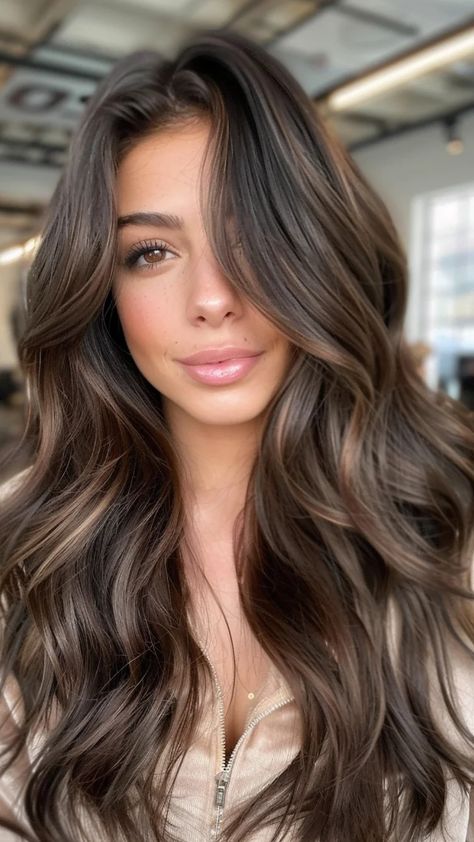 Light Hair Color Ideas For Black Hair, Olive Skin Brunette Hair, Dark Brown Hair With Blended Highlights, Cool Brown Tones Hair, Chocolate Hair With Dimension, Brown Hair Balayage Fall, Dimensional Chocolate Brunette, Brunette Melt Hair, Expresso Martini Hair Color