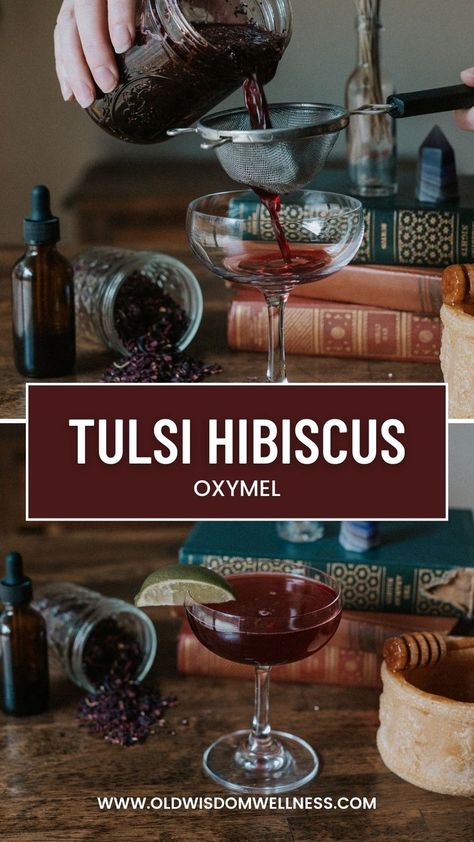 Tulsi Hibiscus Oxymel Recipe — Old Wisdom Wellness Hibiscus Recipe, Summer Mocktail, Elixir Recipe, Tulsi Tea, Herbal Medicine Recipes, Herbal Remedies Recipes, Diy Herbal Remedies, Medicinal Tea, Holistic Recipes