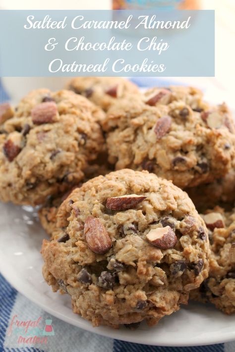 These soft & thick Salted Caramel Almond & Chocolate Chip Oatmeal Cookies are chock full of hearty oats, mini chocolate chips, and crunchy salted caramel almonds. The only thing that is missing is you and a glass of milk. #ad Fall Treats Recipes, Chocolate Chip Oatmeal Cookies, Oatmeal Chocolate Chip Cookie Recipe, Almond Chocolate, Berry Cake, Oatmeal Chocolate Chip Cookies, Chocolate Chip Oatmeal, Eat Dessert First, Chocolate Almonds