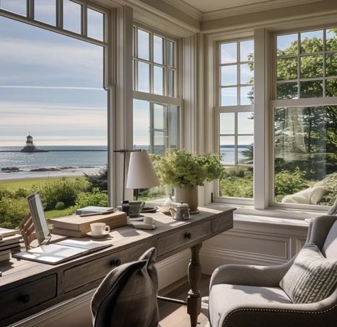 Home Office With A View, Office Craft Space, Office With A View, Shore House, Dream Beach Houses, House By The Sea, Big Windows, Interiors Dream, Home Libraries